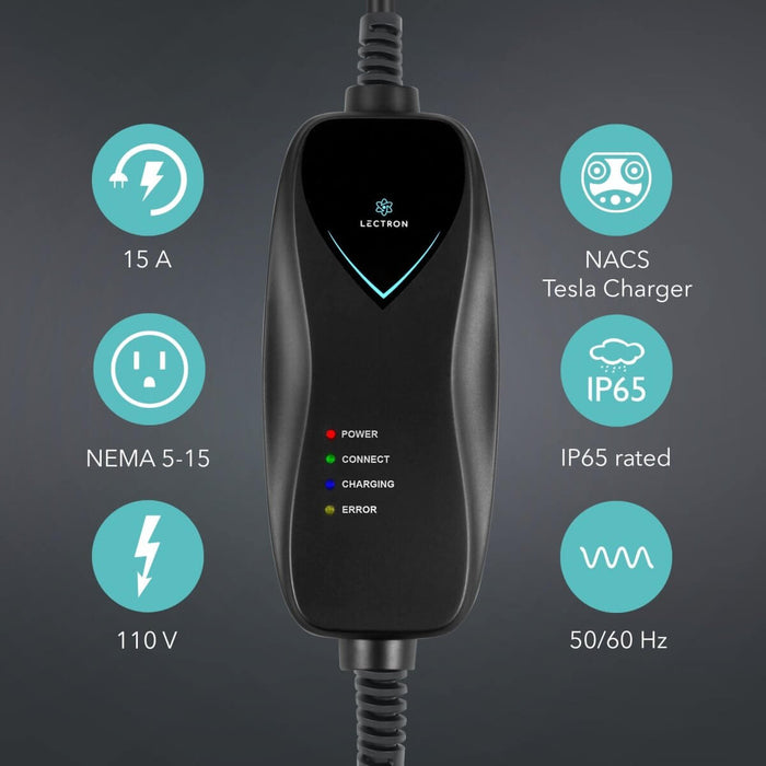 Lectron Portable Level 1 Tesla EV Charger | 110V | 15 Amp | NEMA 5-15 | Standard / WiFi-Enabled